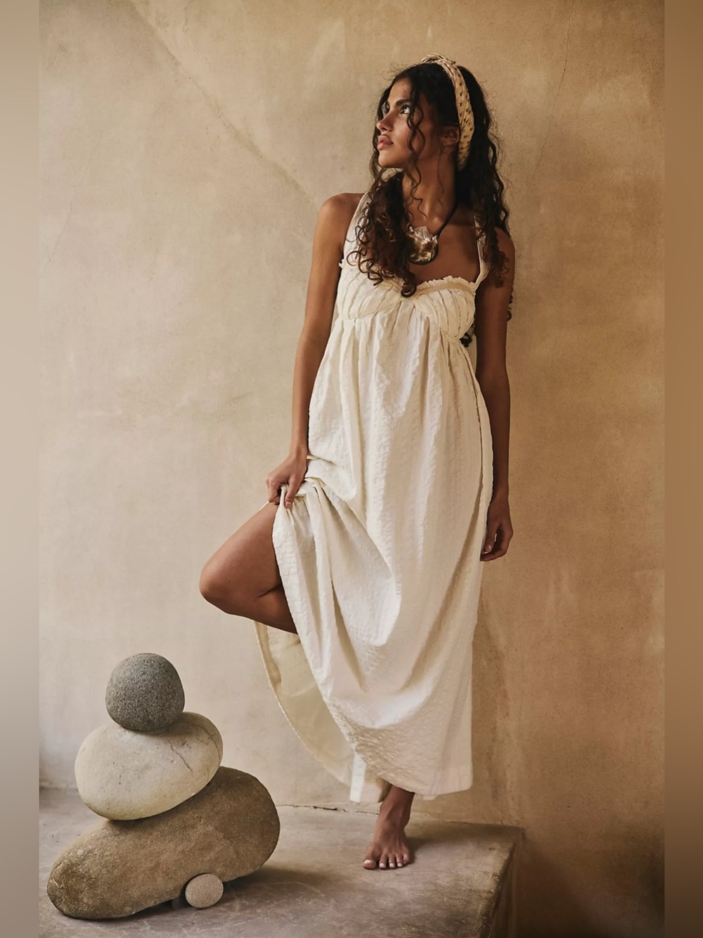 Free People Poppy Cotton Seersucker Midi maxi  Dress in ivory
